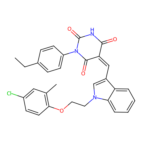 (5Z)-5-({1-[2-(4-chloro-2-methylphenoxy)ethyl]-1H-indol-3-yl}methylidene)-1-(4-ethylphenyl)pyrimidine-2,4,6(1H,3H,5H)-trione structure