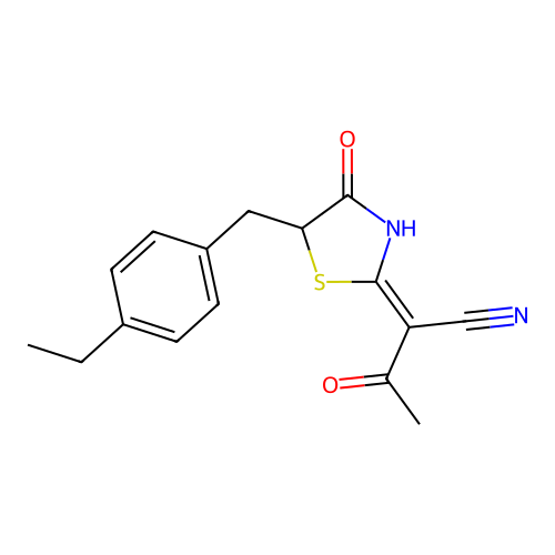 (Z)-2-(5-(4-ethylbenzyl)-4-oxothiazolidin-2-ylidene)-3-oxobutanenitrile structure