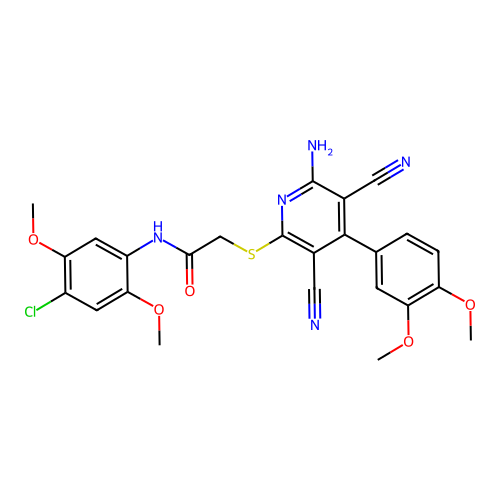 2-((6-amino-3,5-dicyano-4-(3,4-dimethoxyphenyl)pyridin-2-yl)thio)-N-(4-chloro-2,5-dimethoxyphenyl)acetamide structure