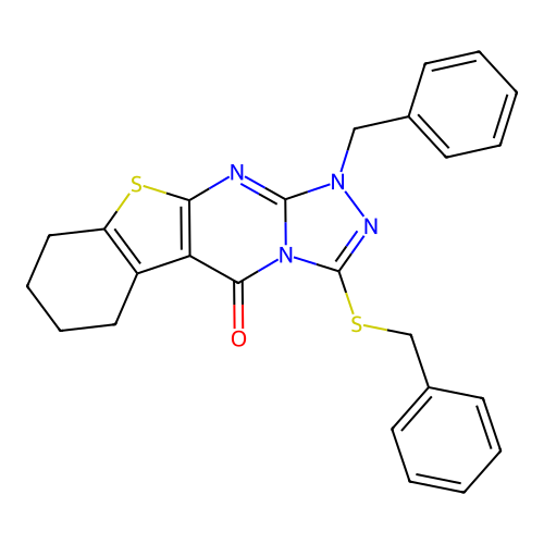 1-benzyl-3-(benzylthio)-6,7,8,9-tetrahydrobenzo[4,5]thieno[2,3-d][1,2,4]triazolo[4,3-a]pyrimidin-5(1H)-one structure