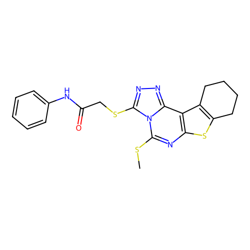 2-((5-(methylthio)-8,9,10,11-tetrahydrobenzo[4,5]thieno[3,2-e][1,2,4]triazolo[4,3-c]pyrimidin-3-yl)thio)-N-phenylacetamide structure