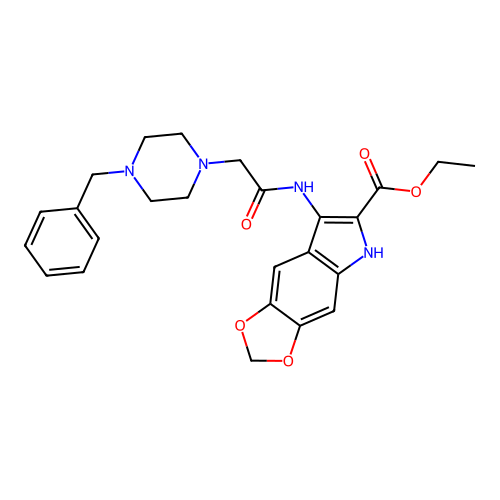 ethyl 7-(2-(4-benzylpiperazin-1-yl)acetamido)-5H-[1,3]dioxolo[4,5-f]indole-6-carboxylate structure