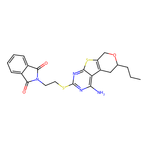 2-(2-((4-amino-6-propyl-6,8-dihydro-5H-pyrano[4',3':4,5]thieno[2,3-d]pyrimidin-2-yl)thio)ethyl)isoindoline-1,3-dione structure