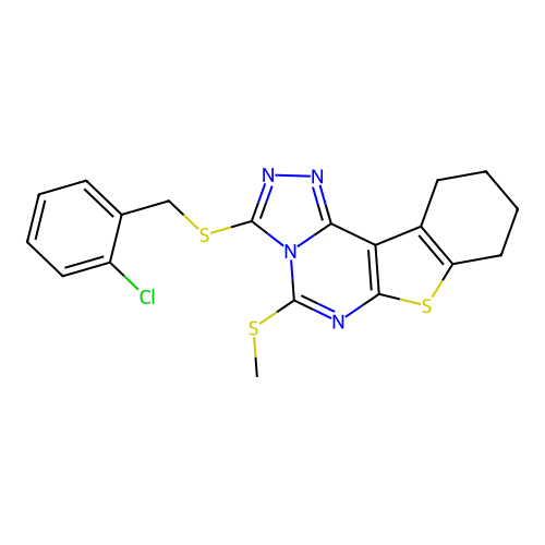 3-((2-chlorobenzyl)thio)-5-(methylthio)-8,9,10,11-tetrahydrobenzo[4,5]thieno[3,2-e][1,2,4]triazolo[4,3-c]pyrimidine structure