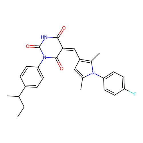 (5Z)-1-(4-butan-2-ylphenyl)-5-[[1-(4-fluorophenyl)-2,5-dimethylpyrrol-3-yl]methylidene]-1,3-diazinane-2,4,6-trione structure