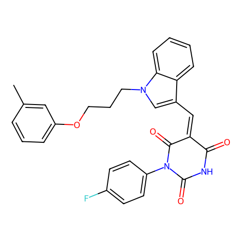 (Z)-1-(4-fluorophenyl)-5-((1-(3-(m-tolyloxy)propyl)-1H-indol-3-yl)methylene)pyrimidine-2,4,6(1H,3H,5H)-trione structure