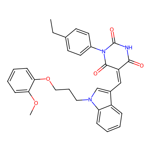 (5Z)-1-(4-ethylphenyl)-5-({1-[3-(2-methoxyphenoxy)propyl]-1H-indol-3-yl}methylidene)pyrimidine-2,4,6(1H,3H,5H)-trione structure