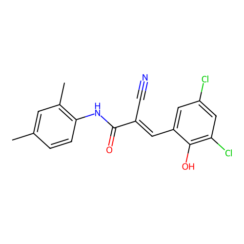 (2E)-2-cyano-3-(3,5-dichloro-2-hydroxyphenyl)-N-(2,4-dimethylphenyl)prop-2-enamide structure