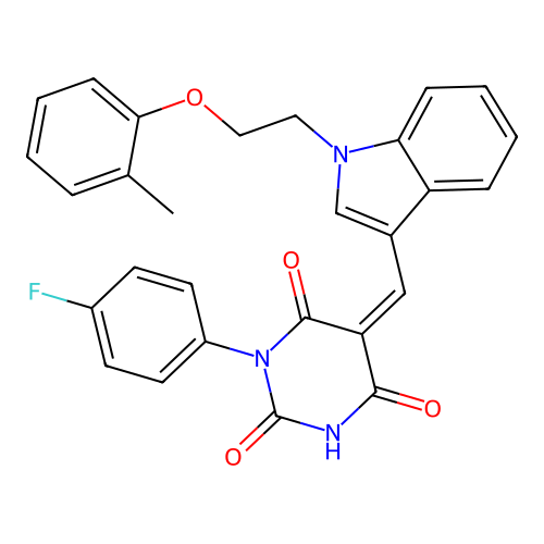 (5Z)-1-(4-fluorophenyl)-5-({1-[2-(2-methylphenoxy)ethyl]-1H-indol-3-yl}methylidene)pyrimidine-2,4,6(1H,3H,5H)-trione structure