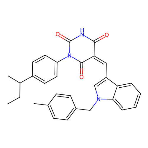 (Z)-1-(4-(sec-butyl)phenyl)-5-((1-(4-methylbenzyl)-1H-indol-3-yl)methylene)pyrimidine-2,4,6(1H,3H,5H)-trione structure