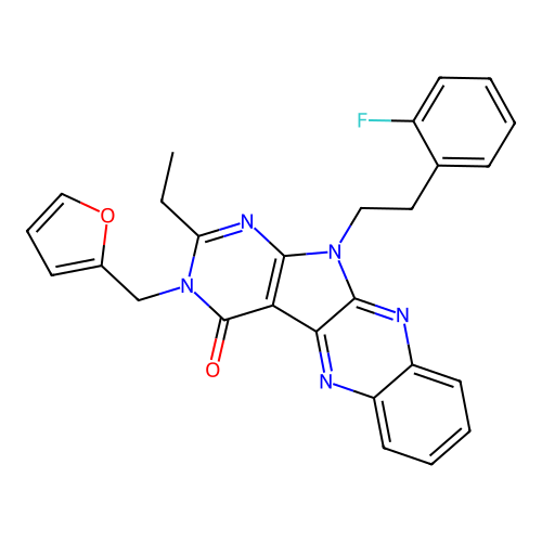 2-ethyl-11-(2-fluorophenethyl)-3-(furan-2-ylmethyl)-3H-pyrimido[5',4':4,5]pyrrolo[2,3-b]quinoxalin-4(11H)-one structure
