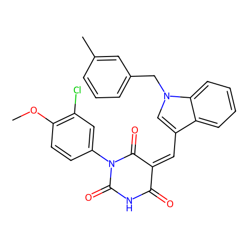 (Z)-1-(3-chloro-4-methoxyphenyl)-5-((1-(3-methylbenzyl)-1H-indol-3-yl)methylene)pyrimidine-2,4,6(1H,3H,5H)-trione structure