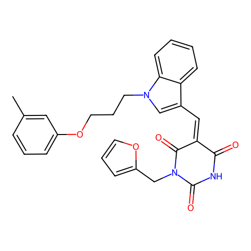 (Z)-1-(furan-2-ylmethyl)-5-((1-(3-(m-tolyloxy)propyl)-1H-indol-3-yl)methylene)pyrimidine-2,4,6(1H,3H,5H)-trione structure