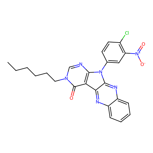 11-(4-chloro-3-nitrophenyl)-3-hexyl-3H-pyrimido[5',4':4,5]pyrrolo[2,3-b]quinoxalin-4(11H)-one structure