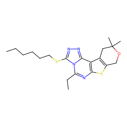 5-ethyl-3-(hexylsulfanyl)-10,10-dimethyl-10,11-dihydro-8H-pyrano[4',3':4,5]thieno[3,2-e][1,2,4]triazolo[4,3-c]pyrimidine structure