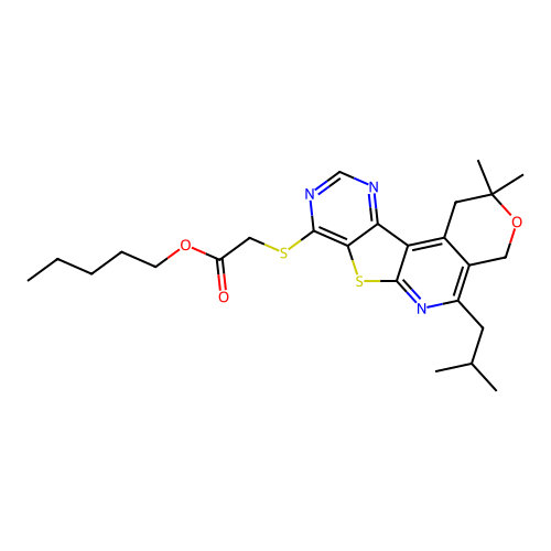 pentyl {[2,2-dimethyl-5-(2-methylpropyl)-1,4-dihydro-2H-pyrano[4'',3'':4',5']pyrido[3',2':4,5]thieno[3,2-d]pyrimidin-8-yl]sulfanyl}acetate structure