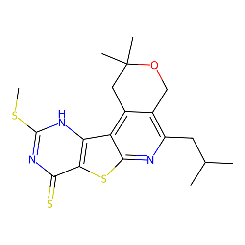 2,2-dimethyl-5-(2-methylpropyl)-10-(methylsulfanyl)-1,4-dihydro-2H-pyrano[4'',3'':4',5']pyrido[3',2':4,5]thieno[3,2-d]pyrimidine-8-thiol structure