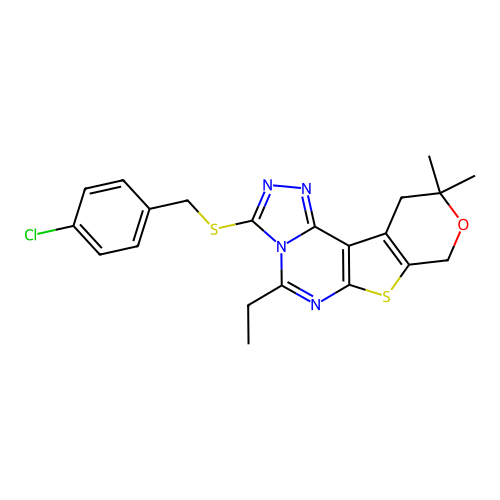 3-((4-chlorobenzyl)thio)-5-ethyl-10,10-dimethyl-10,11-dihydro-8H-pyrano[4',3':4,5]thieno[3,2-e][1,2,4]triazolo[4,3-c]pyrimidine structure
