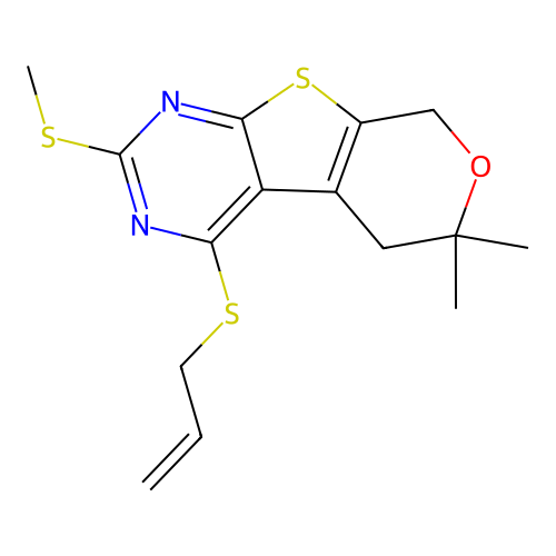 4-(allylthio)-6,6-dimethyl-2-(methylthio)-6,8-dihydro-5H-pyrano[4',3':4,5]thieno[2,3-d]pyrimidine structure