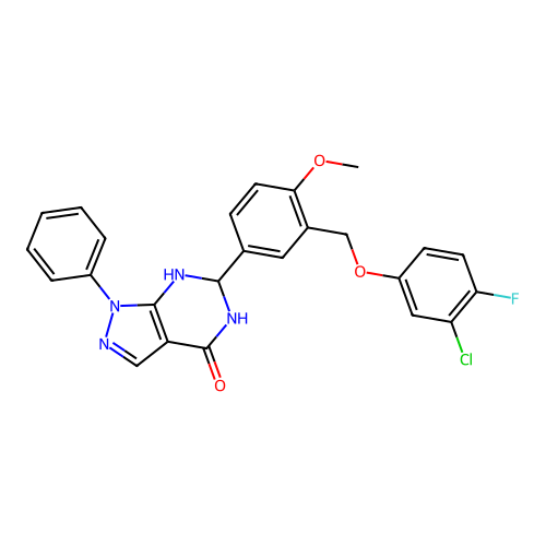 6-(3-((3-chloro-4-fluorophenoxy)methyl)-4-methoxyphenyl)-1-phenyl-6,7-dihydro-1H-pyrazolo[3,4-d]pyrimidin-4(5H)-one structure