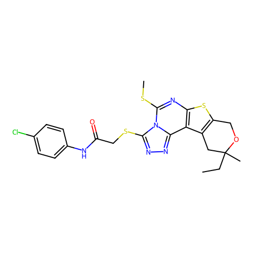 N-(4-chlorophenyl)-2-((10-ethyl-10-methyl-5-(methylthio)-10,11-dihydro-8H-pyrano[4',3':4,5]thieno[3,2-e][1,2,4]triazolo[4,3-c]pyrimidin-3-yl)thio)acetamide structure