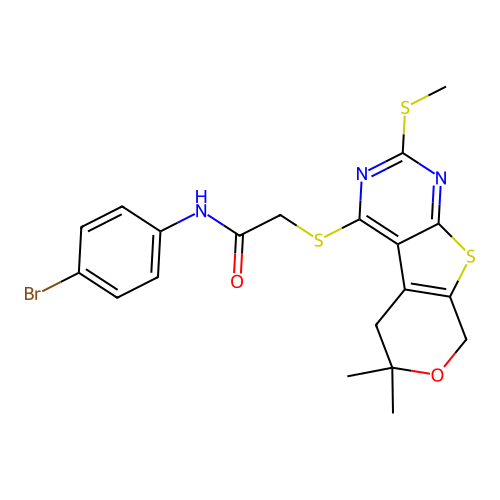 N-(4-bromophenyl)-2-((6,6-dimethyl-2-(methylthio)-6,8-dihydro-5H-pyrano[4',3':4,5]thieno[2,3-d]pyrimidin-4-yl)thio)acetamide structure