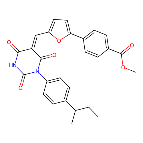 (Z)-methyl 4-(5-((1-(4-(sec-butyl)phenyl)-2,4,6-trioxotetrahydropyrimidin-5(2H)-ylidene)methyl)furan-2-yl)benzoate structure
