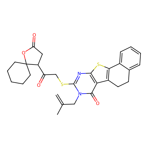 8-(2-methylallyl)-9-((2-oxo-2-(2-oxo-1-oxaspiro[4.5]decan-4-yl)ethyl)thio)-5,6-dihydronaphtho[2',1':4,5]thieno[2,3-d]pyrimidin-7(8H)-one structure