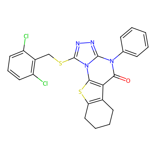1-((2,6-dichlorobenzyl)thio)-4-phenyl-6,7,8,9-tetrahydrobenzo[4,5]thieno[3,2-e][1,2,4]triazolo[4,3-a]pyrimidin-5(4H)-one structure