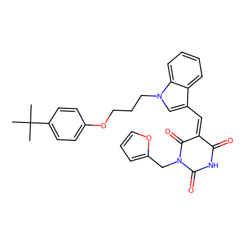 (Z)-5-((1-(3-(4-(tert-butyl)phenoxy)propyl)-1H-indol-3-yl)methylene)-1-(furan-2-ylmethyl)pyrimidine-2,4,6(1H,3H,5H)-trione structure