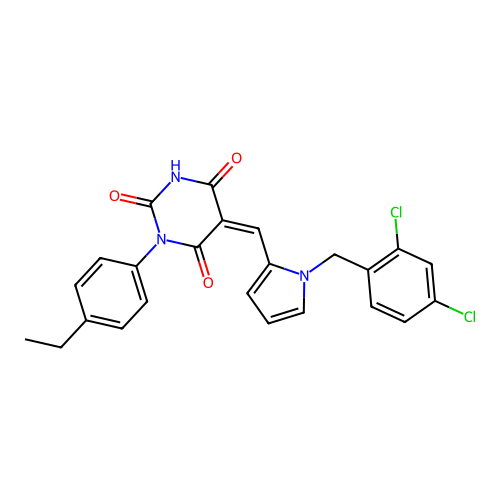 (5Z)-5-[[1-[(2,4-dichlorophenyl)methyl]pyrrol-2-yl]methylidene]-1-(4-ethylphenyl)-1,3-diazinane-2,4,6-trione structure