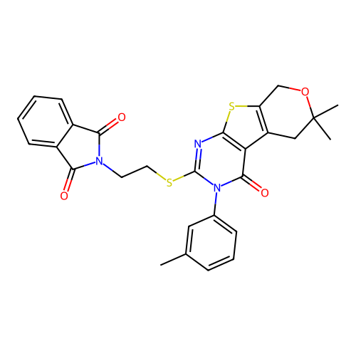 2-(2-((6,6-dimethyl-4-oxo-3-(m-tolyl)-4,5,6,8-tetrahydro-3H-pyrano[4',3':4,5]thieno[2,3-d]pyrimidin-2-yl)thio)ethyl)isoindoline-1,3-dione structure