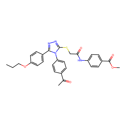 methyl 4-(2-((4-(4-acetylphenyl)-5-(4-propoxyphenyl)-4H-1,2,4-triazol-3-yl)thio)acetamido)benzoate structure