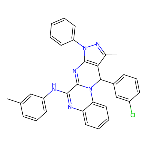 11-(3-chlorophenyl)-10-methyl-8-phenyl-N-(m-tolyl)-8,11-dihydropyrazolo[3',4':4,5]pyrimido[1,2-a]quinoxalin-6-amine structure