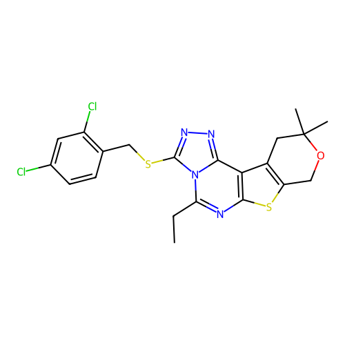 3-((2,4-dichlorobenzyl)thio)-5-ethyl-10,10-dimethyl-10,11-dihydro-8H-pyrano[4',3':4,5]thieno[3,2-e][1,2,4]triazolo[4,3-c]pyrimidine structure