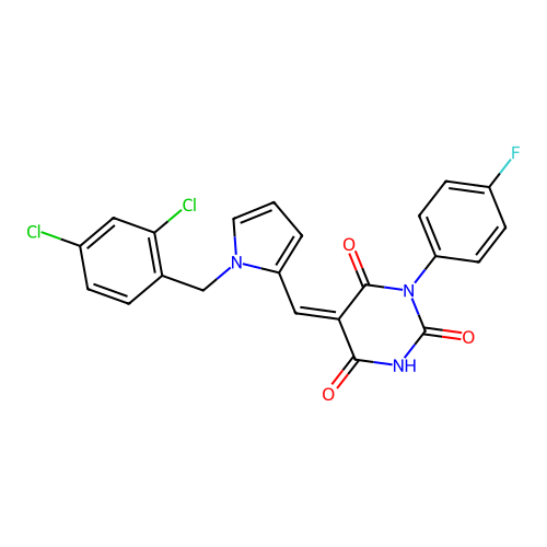 (5Z)-5-[[1-[(2,4-dichlorophenyl)methyl]pyrrol-2-yl]methylidene]-1-(4-fluorophenyl)-1,3-diazinane-2,4,6-trione structure