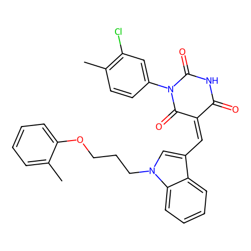 (5Z)-1-(3-chloro-4-methylphenyl)-5-({1-[3-(2-methylphenoxy)propyl]-1H-indol-3-yl}methylidene)pyrimidine-2,4,6(1H,3H,5H)-trione structure