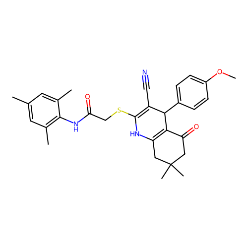 2-((3-cyano-4-(4-methoxyphenyl)-7,7-dimethyl-5-oxo-1,4,5,6,7,8-hexahydroquinolin-2-yl)thio)-N-mesitylacetamide structure