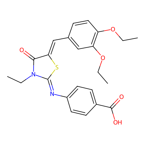 4-((E)-((Z)-5-(3,4-diethoxybenzylidene)-3-ethyl-4-oxothiazolidin-2-ylidene)amino)benzoic acid structure