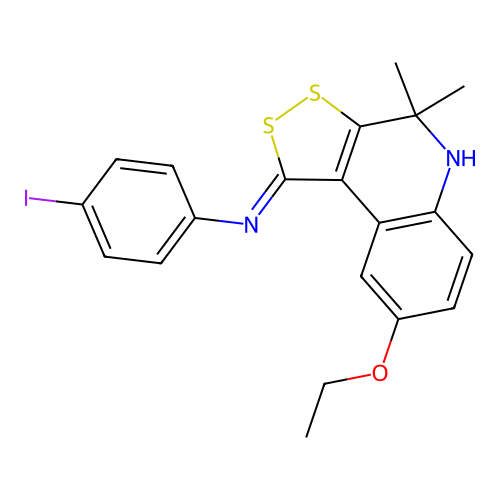 (E)-N-(8-ethoxy-4,4-dimethyl-4,5-dihydro-1H-[1,2]dithiolo[3,4-c]quinolin-1-ylidene)-4-iodoaniline structure