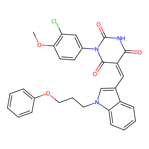 (5Z)-1-(3-chloro-4-methoxyphenyl)-5-[[1-(3-phenoxypropyl)indol-3-yl]methylidene]-1,3-diazinane-2,4,6-trione structure