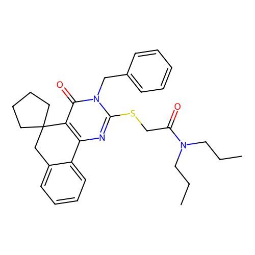 2-((3-benzyl-4-oxo-4,6-dihydro-3H-spiro[benzo[h]quinazoline-5,1'-cyclopentan]-2-yl)thio)-N,N-dipropylacetamide structure