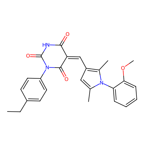 (5Z)-1-(4-ethylphenyl)-5-[[1-(2-methoxyphenyl)-2,5-dimethylpyrrol-3-yl]methylidene]-1,3-diazinane-2,4,6-trione structure
