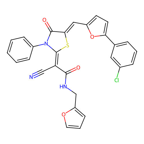 (2Z)-2-[(5Z)-5-[[5-(3-chlorophenyl)furan-2-yl]methylidene]-4-oxo-3-phenyl-1,3-thiazolidin-2-ylidene]-2-cyano-N-(furan-2-ylmethyl)acetamide structure