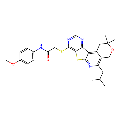 2-((5-isobutyl-2,2-dimethyl-2,4-dihydro-1H-pyrano[4'',3'':4',5']pyrido[3',2':4,5]thieno[3,2-d]pyrimidin-8-yl)thio)-N-(4-methoxyphenyl)acetamide structure