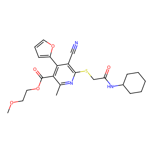 2-methoxyethyl 5-cyano-6-((2-(cyclohexylamino)-2-oxoethyl)thio)-4-(furan-2-yl)-2-methylnicotinate structure