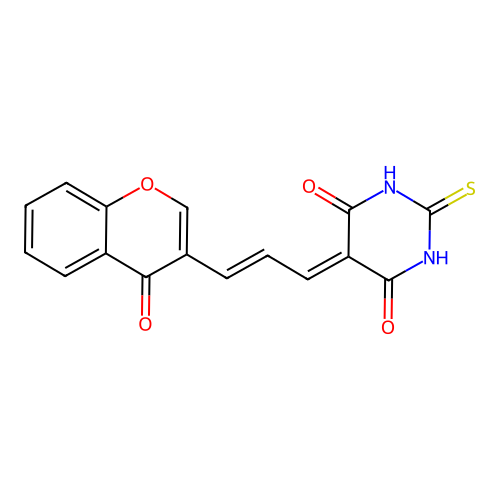 (E)-5-(3-(4-oxo-4H-chromen-3-yl)allylidene)-2-thioxodihydropyrimidine-4,6(1H,5H)-dione structure