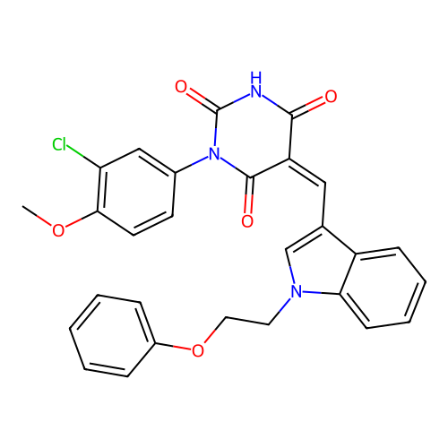 (5Z)-1-(3-chloro-4-methoxyphenyl)-5-[[1-(2-phenoxyethyl)indol-3-yl]methylidene]-1,3-diazinane-2,4,6-trione structure