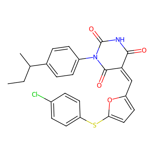 (5Z)-1-(4-butan-2-ylphenyl)-5-[[5-(4-chlorophenyl)sulfanylfuran-2-yl]methylidene]-1,3-diazinane-2,4,6-trione structure