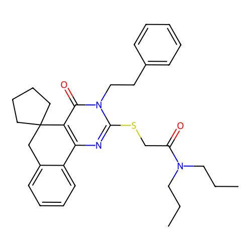 2-((4-oxo-3-phenethyl-4,6-dihydro-3H-spiro[benzo[h]quinazoline-5,1'-cyclopentan]-2-yl)thio)-N,N-dipropylacetamide structure